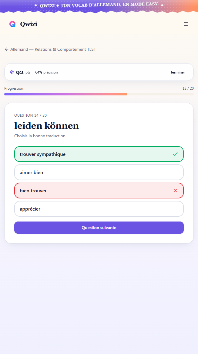 Écran de quiz Qwizi : question de vocabulaire allemand avec réponses à choix multiple