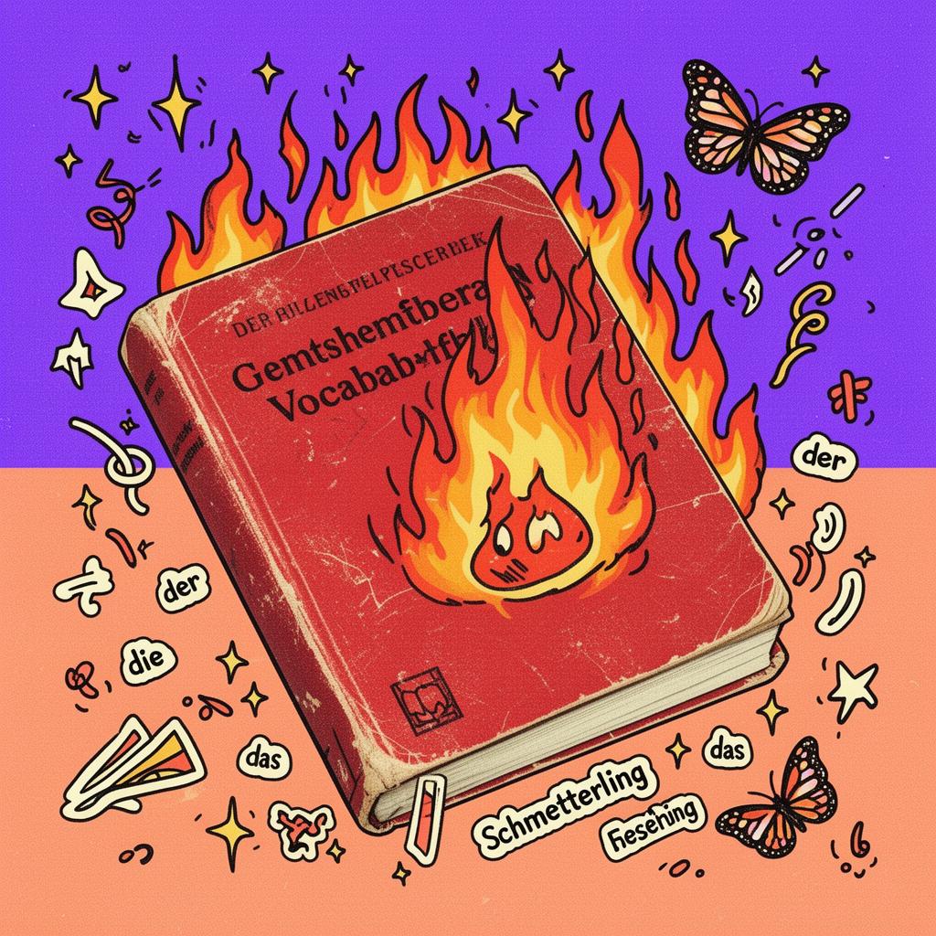 Bouquin de vocabulaire allemand en flammes, style collage gen-z